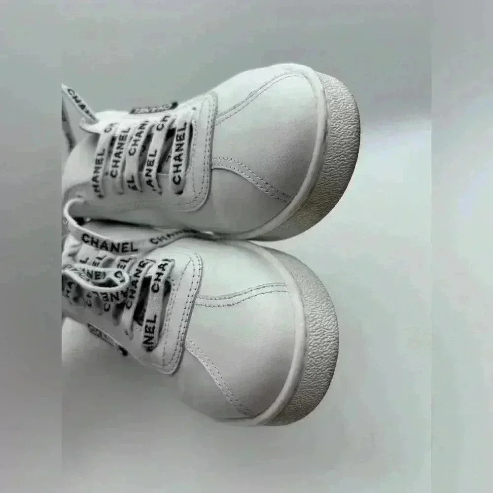 Chanel White Leather Casual Sneakers: Women's Size 36.5 Logo Laces CC - Picture 12 of 13